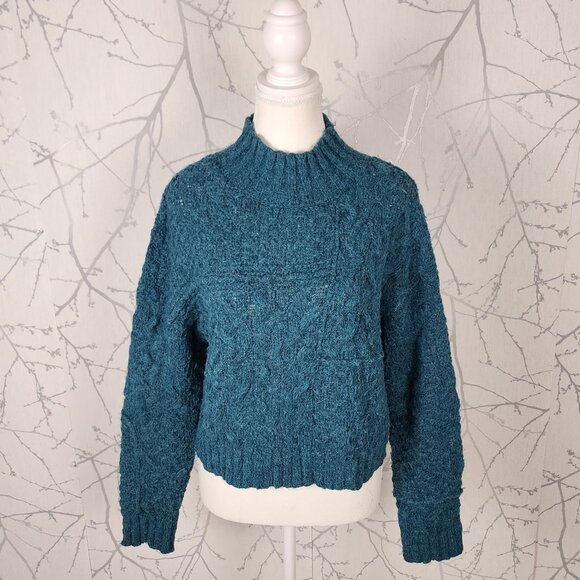 360 Sweater Emerald Blue Alpaca Wool Cable Knit Mockneck Sweater - Picture 1 of 7